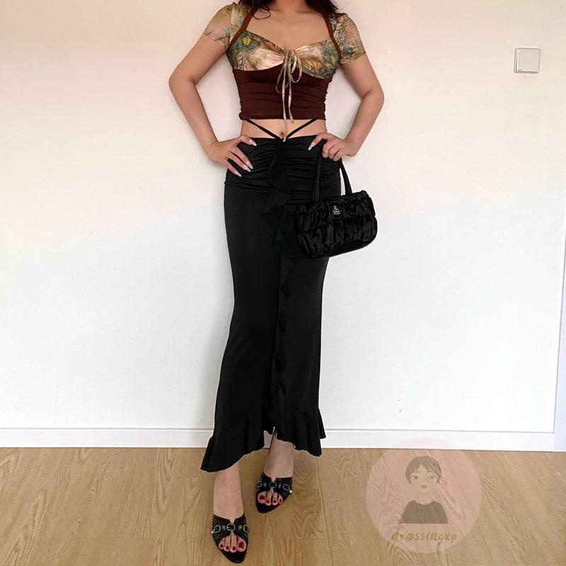 Chân Váy Dài Lưng Thấp Màu Trơn Phối Bèo Thời Trang Mùa Hè Xinh Xắn Cho Nữ