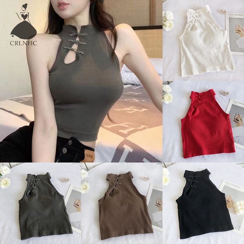 Áo Croptop Sát Nách Cổ Tròn Phối Nút Phong Cách Trung Hoa Cổ Điển Thời Trang Cho Nữ