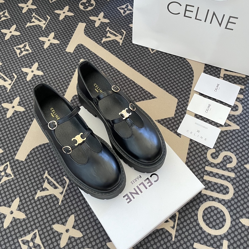 Cel & NE2023 Giày Lười Da Thật Màu Đen Đế Dày Cài Khóa Kim Loại Phong Cách Preppy Thời Trang Mới Cho Nữ