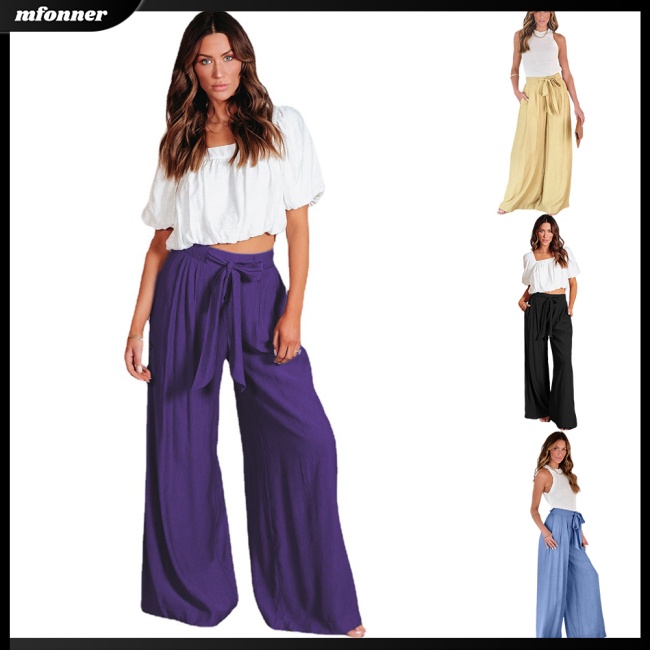 Quần Ống Rộng Lưng Cao Có Túi Thoáng Khí Thanh Lịch Dành Cho Nữ