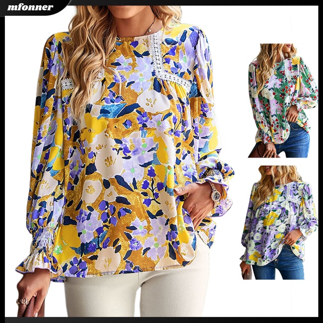 Áo Sơ Mi Tay Dài Dáng Rộng Cổ Tròn In Hoa Thiết Kế Thoáng Khí Thoải Mái Cho Nữ