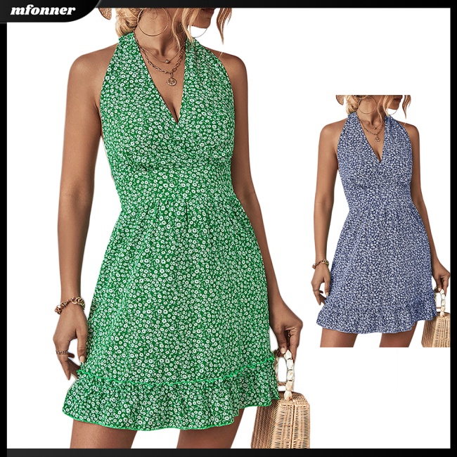 Đầm Ngắn Không Tay Hở Lưng Cổ Chữ V In Hoa Gợi Cảm Cho Nữ