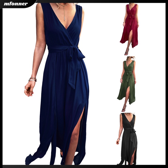 Đầm Maxi Không Tay Cổ Chữ V Xẻ Sâu Màu Sắc Đơn Giản Cho Nữ