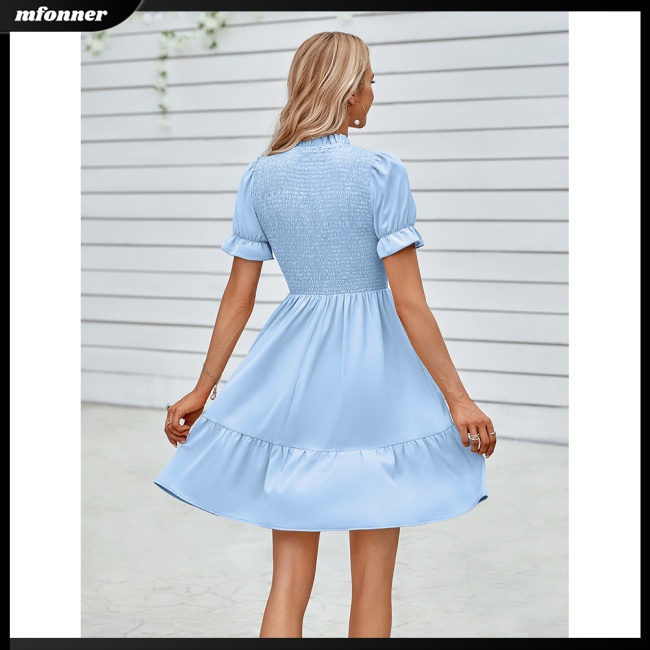 Đầm Tay Ngắn Cổ Đứng Dáng Chữ A Màu Trơn Thiết Kế Đơn Giản Thanh Lịch Cho Nữ