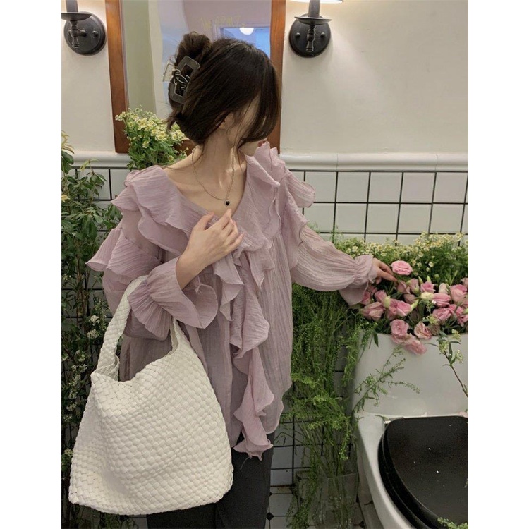 Áo Sơ Mi Chiffon Tay Dài Cổ Chữ v Phối Bèo Màu Tím Thời Trang Mùa Hè Cho Nữ L4EN