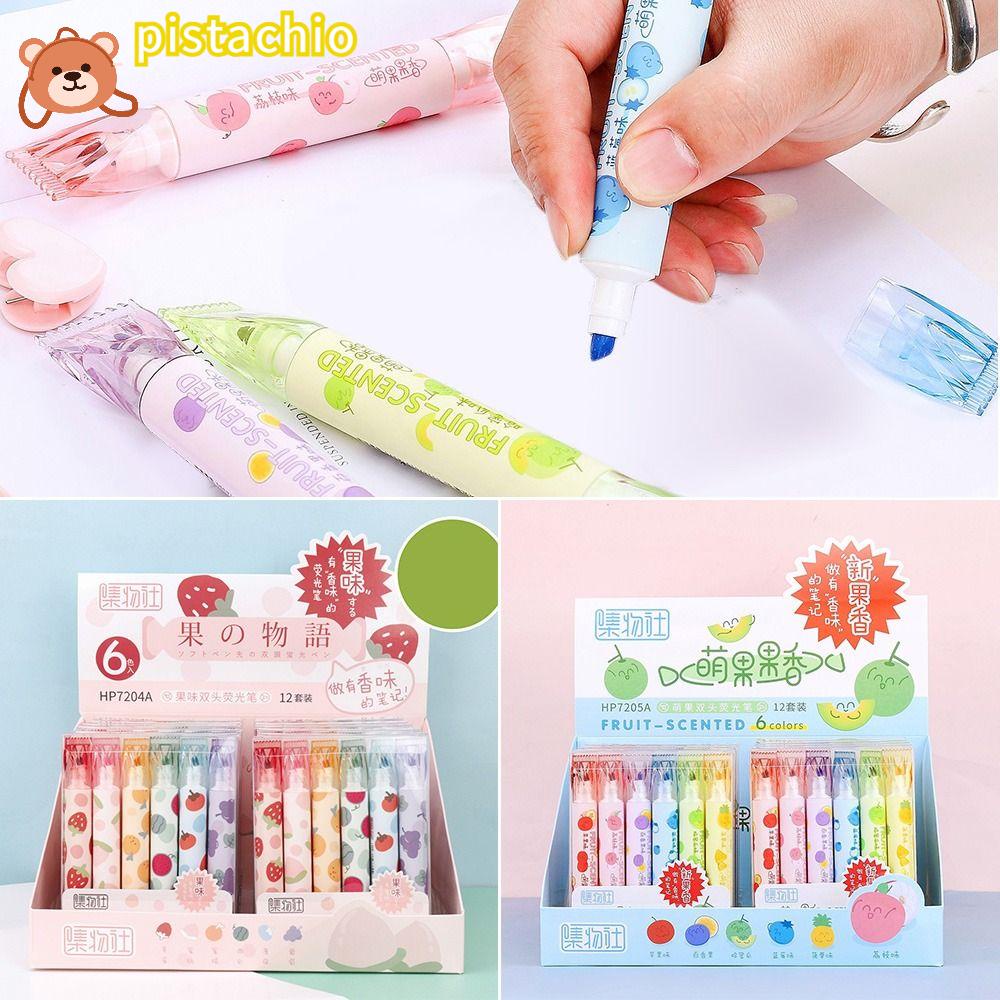 Set 6 Bút Bắt Sáng PISTA Hai Đầu Họa Tiết Trái Cây Graffiti