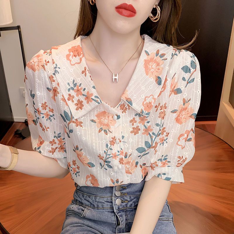 Áo Sơ Mi Chiffon Tay Ngắn Size Lớn Thêu Họa Tiết Peter Pan Cổ Điển Thời Trang 2023 Mới
