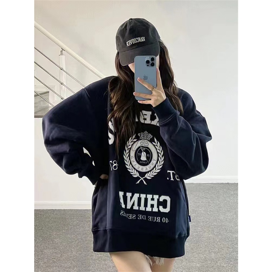 Áo Sweater Cổ Tròn Màu Xanh Dương Đậm In Chữ Đơn Giản Thời Trang Thu Đông Cho Cặp Đôi Cỡ 3XL