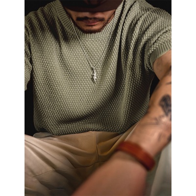 Áo Thun Lụa Lạnh Dệt Kim Tay Lửng Cổ Tròn Ba Chiều Phong Cách Retro Mỹ Giản Dị Dành Cho Nam