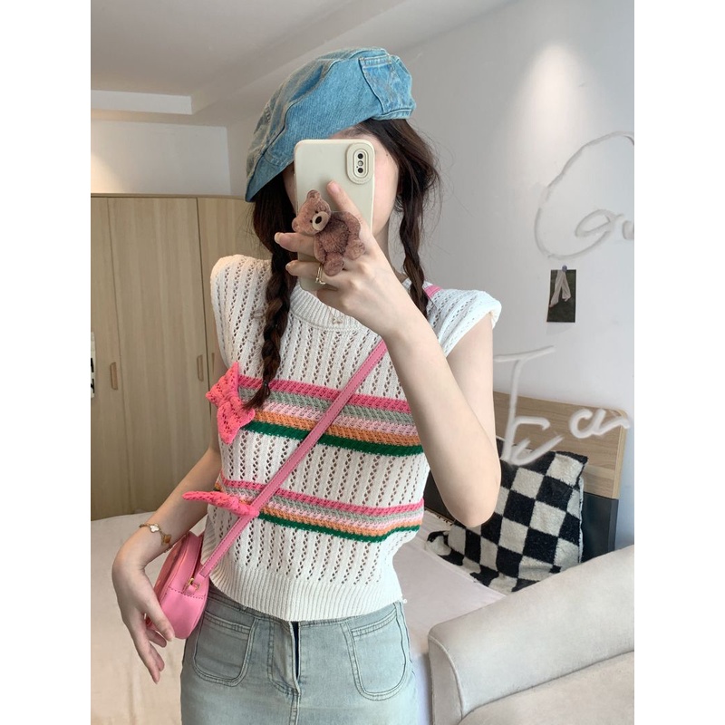 Áo Tank Top Dệt Kim Sát Nách Đính Nơ Độc Đáo Thời Trang Mùa Hè Cho Nữ