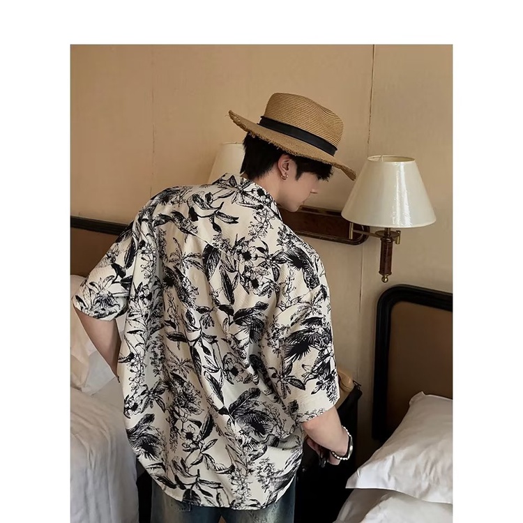 Áo Sơ Mi Tay Ngắn In Họa Tiết Hoa Phong Cách Hong Kong Thời Trang Đi Biển Cho Nam