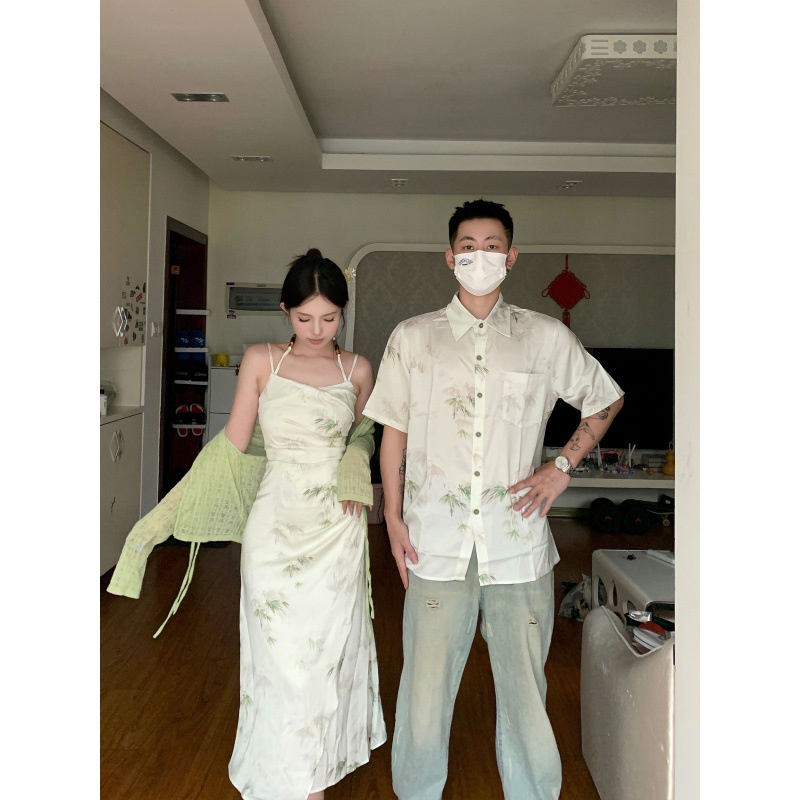 Set Áo Sơ Mi Tay Ngắn Và Đầm Hai Dây Phong Cách Retro Thời Trang Cho Cặp Đôi Đồ đôi đồ cặp nam nữ