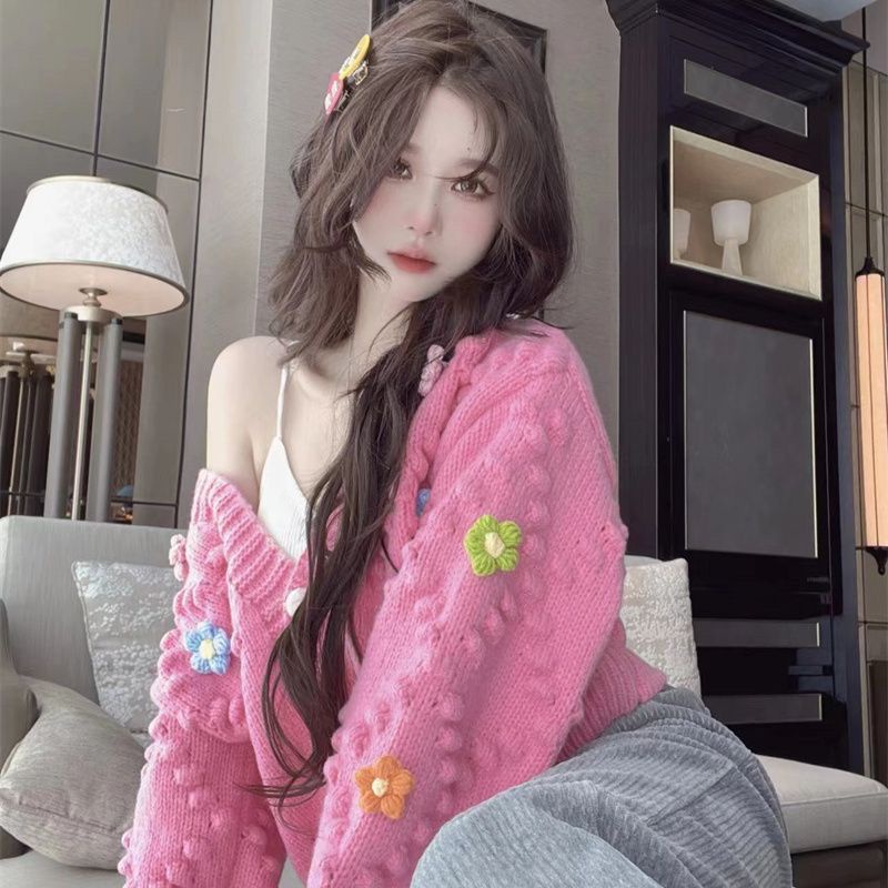 Áo Khoác Cardigan Dệt Kim Dáng Rộng Họa Tiết Hoa Xinh Xắn Cho Nữ