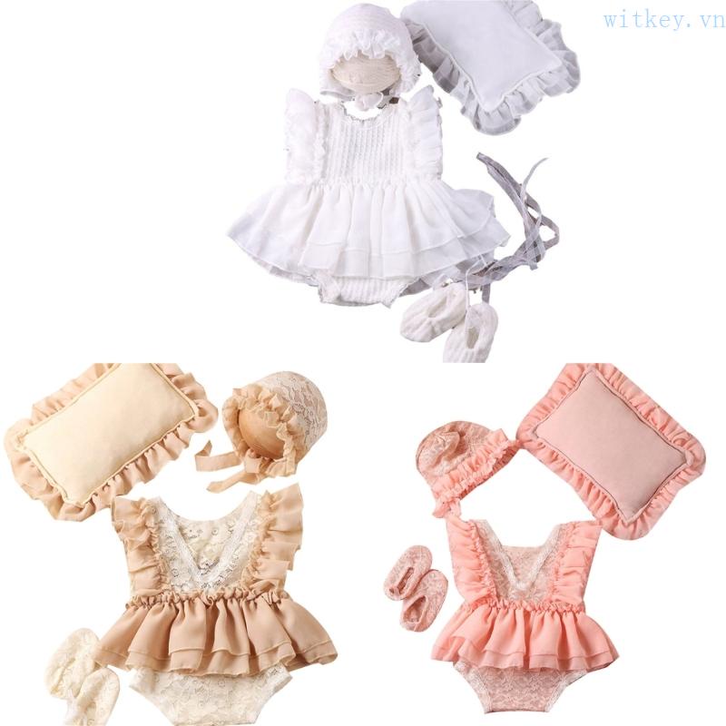 Set Đồ Gồm Áo Liền Quần + Giày + Mũ + Chân Váy Làm Phụ Kiện Chụp Ảnh Cho Bé