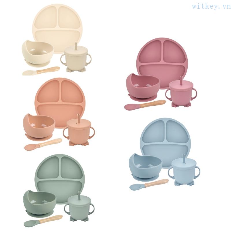 Bộ 4 Món Bát / Muỗng / Ống Hút / Đĩa Ăn Bằng Silicone Cho Bé