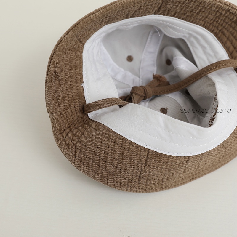 Mũ Tai Bèo Vải Lanh Chống Nắng Màu Trơn Thêu Họa Tiết Gấu Hoạt Hình Phong Cách Cổ Điển Thời Trang Mùa Hè Cho Bé