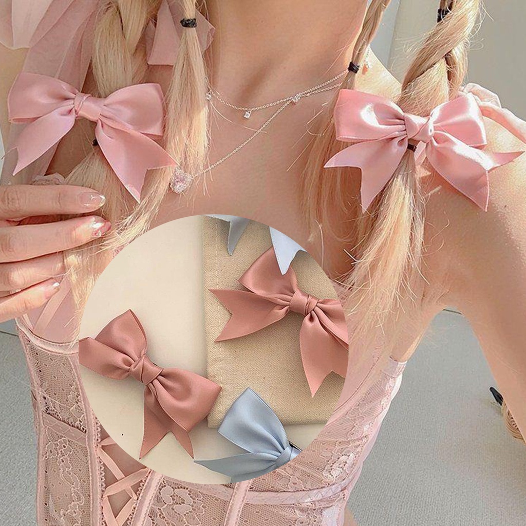 Set 1 / 2 Kẹp Tóc Ruy Băng Màu Trơn Đơn Giản Cá Tính Phong Cách Hàn Quốc Cho Nữ