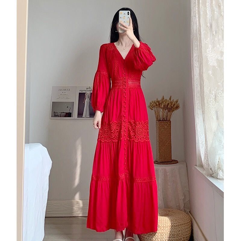 Đầm Trắng Dài Ngang Mắt Cá Chân Eo Cao Tay Dài cotton7.19