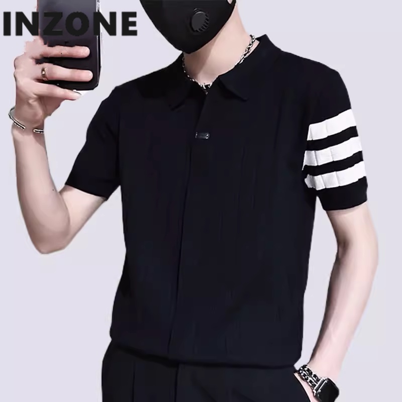 Áo Thun Polo Dệt Kim Tay Ngắn Dáng Ôm Họa Tiết Kẻ Sọc Phong Cách Hàn Quốc Thời Trang Cho Nam