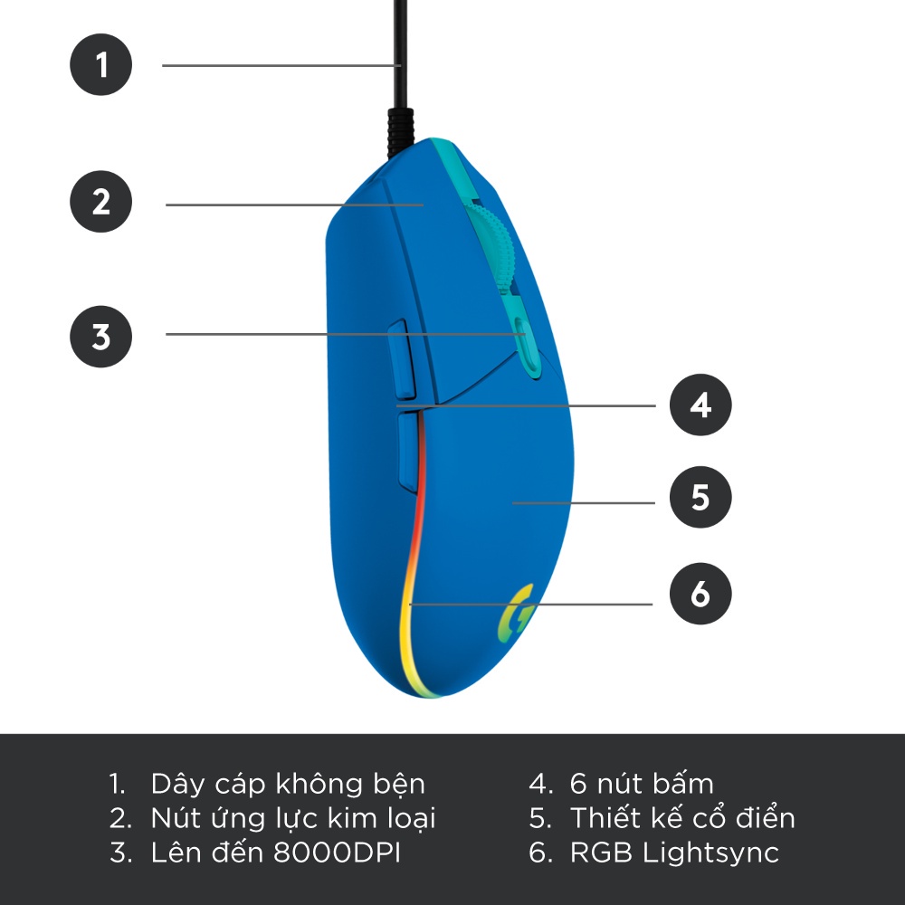 Chuột game có dây Logitech G203 Lightsync - Tùy chỉnh RGB, 6 nút lập trình, nhẹ NB-G203