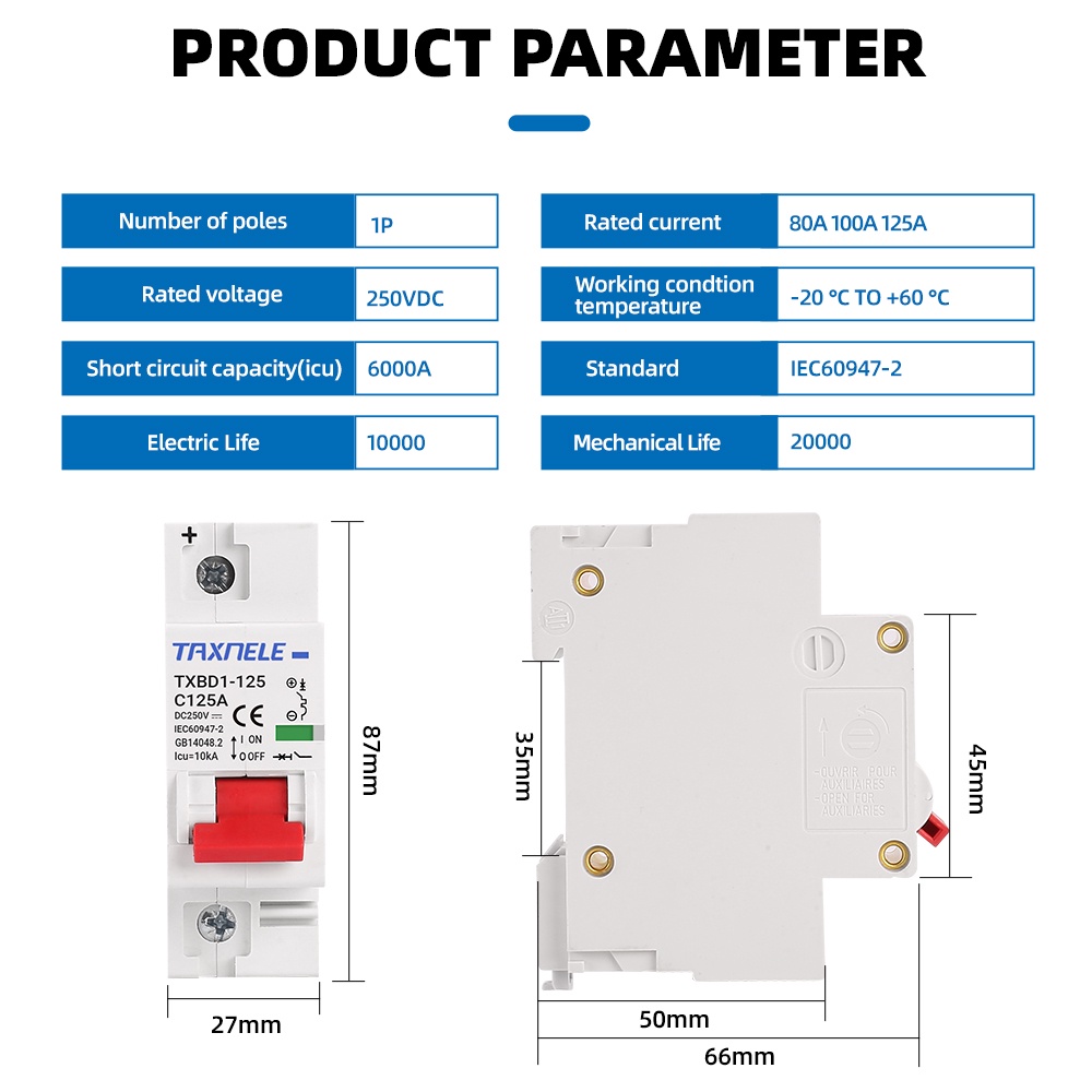 1p 80A 100A 125A DC MCB MCB Bảo Vệ Quá Tải Cho Pin Năng Lượng Mặt Trời PV DC MCB 250V