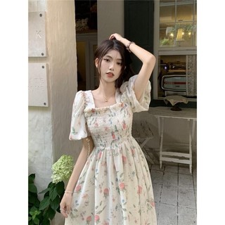 Mùa hè mới phong cách cổ điển của phụ nữ in hoa dành cho phụ nữ off-cổ phồng tay ngắn thun eo váy giảm béo hoa