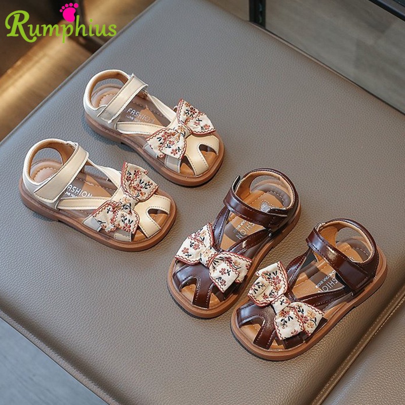Rumphius Xăng đan Đính Nơ Da Mềm Thêu Hoa Chống Va Chạm Chống Trượt Cho Bé Gái Size 22-31