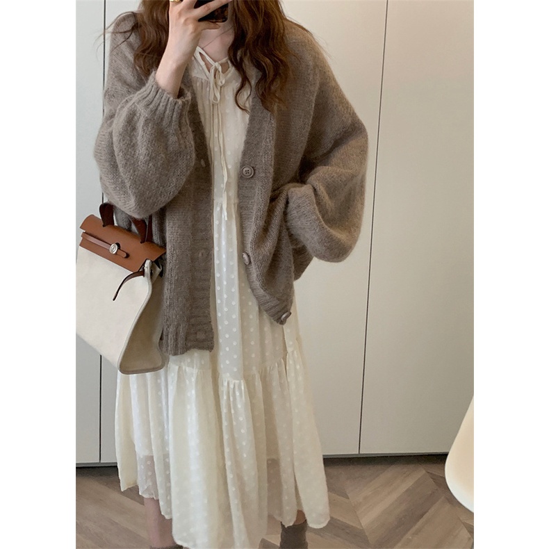 Áo khoác len cardigan trơn dáng dài hàng Quảng Châu ms1206