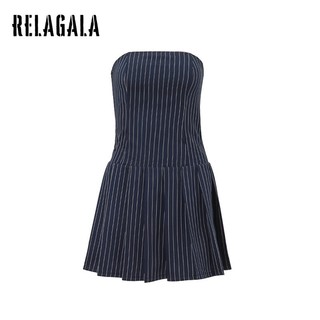 RelaGala Nữ Đường Phố Mới Thời Trang Đơn Giản Không Tay Rời Vai Sọc Xếp Ly Đầm