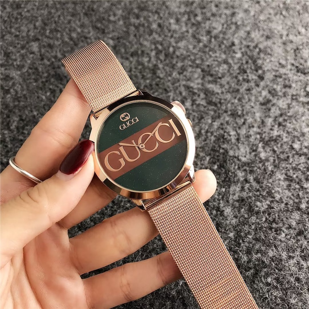 Đồng hồ đôi Mặt Tròn Họa Tiết Gucci Dây Da Thép Không Gỉ Thời Trang Cho Nam Và Nữ