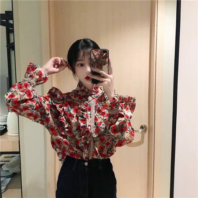Áo Sơ Mi Dài Tay Ôm Dáng Phối Bèo Họa Tiết Hoa Thanh Lịch Phong Cách Retro Hongkong Cho Nữ