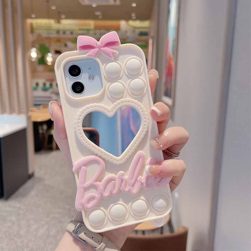 Ốp Điện Thoại Silicon Chống Rơi Hình Búp Bê Barbie Có Gương Trái Tim Cho iPhone 14 / 13 / 12 Promax XS XR