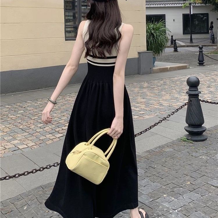 Đầm Midi Không Tay Màu Sắc Tương Phản Phong Cách Pháp Cổ Điển Thời Trang Mùa Hè Cho Nữ