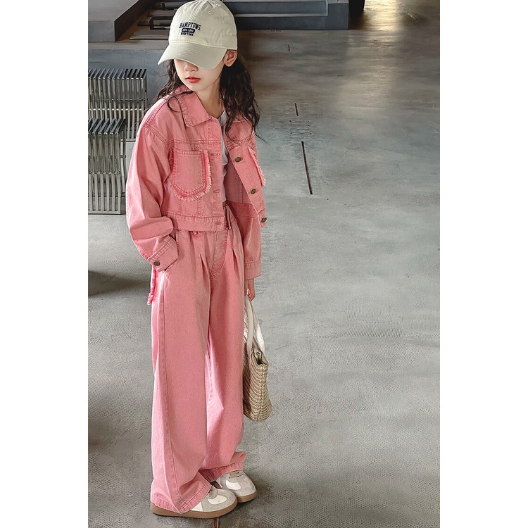 Set Áo Khoác denim Màu Hồng + Quần Dài Thời Trang Mùa Thu Cho Bé Gái