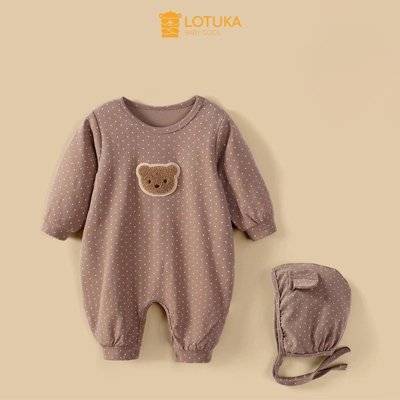 Bodysuit Dài Tay LOTUKA Cho Bé Trai Bé Gái, Body Thu Đông Đính Gấu Chất Liệu Mềm Mịn Cho Bé, Quần Áo Trẻ Em Size 3-12kg