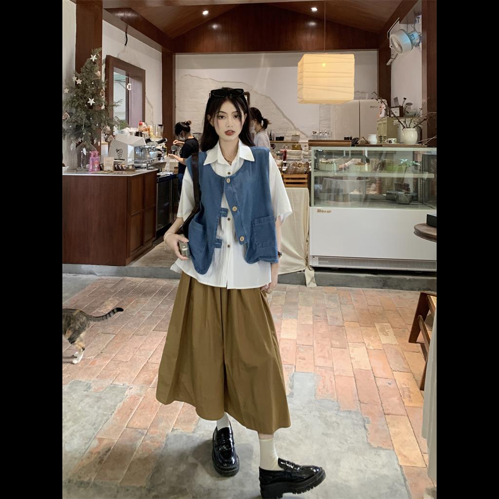Set Chân váy jean Lưng Cao Và Áo Ba Lỗ Phong Cách hong kong Thời Trang Mới Cho Nữ
