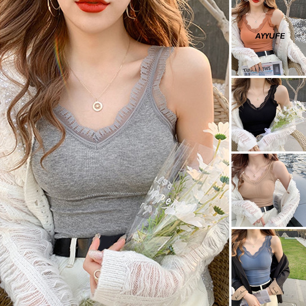 Ayyufe v-cổ lưng không có thể tháo rời đệm ngực áo ngực vest mùa hè ren trim sling camisole top