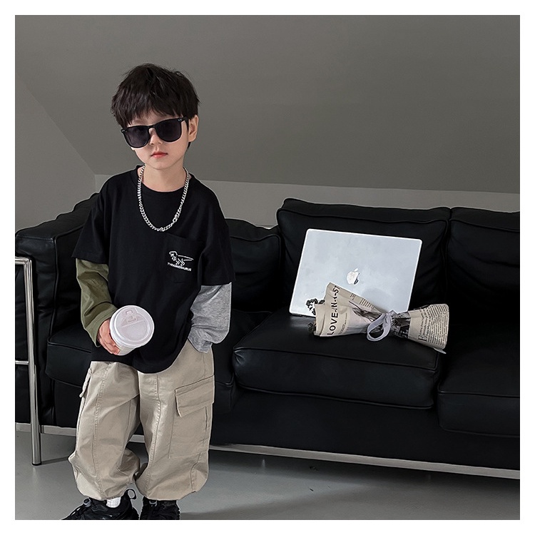 Áo t-shirt trẻ em nhật bản và hàn quốc dài tay in hình khủng long khâu tay áo bé trai dưới cùng