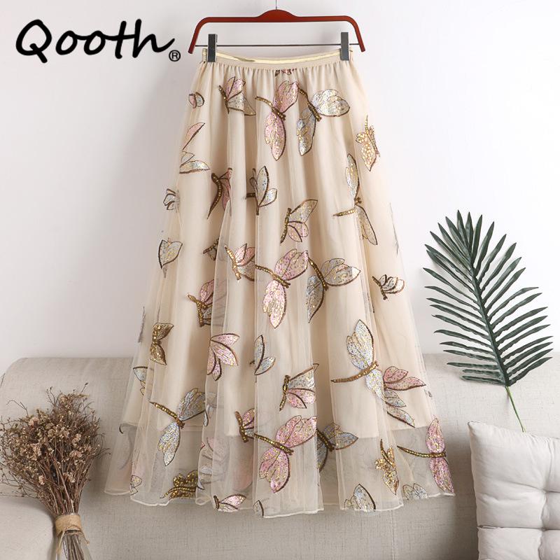 Qooth phụ nữ thêu chuồn chuồn tulle gạc váy thanh lịch ngọt ngào đàn hồi eo midi váy lưới hoa cho tất cả các mùa qt2202