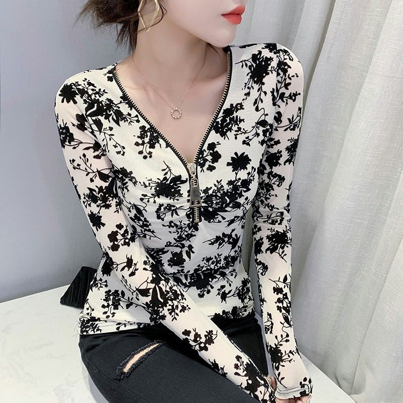 Áo Thun Tay Dài Cổ Chữ v In Họa Tiết Phong Cách Phương Tây Thời Trang Thu Đông Cho Nữ