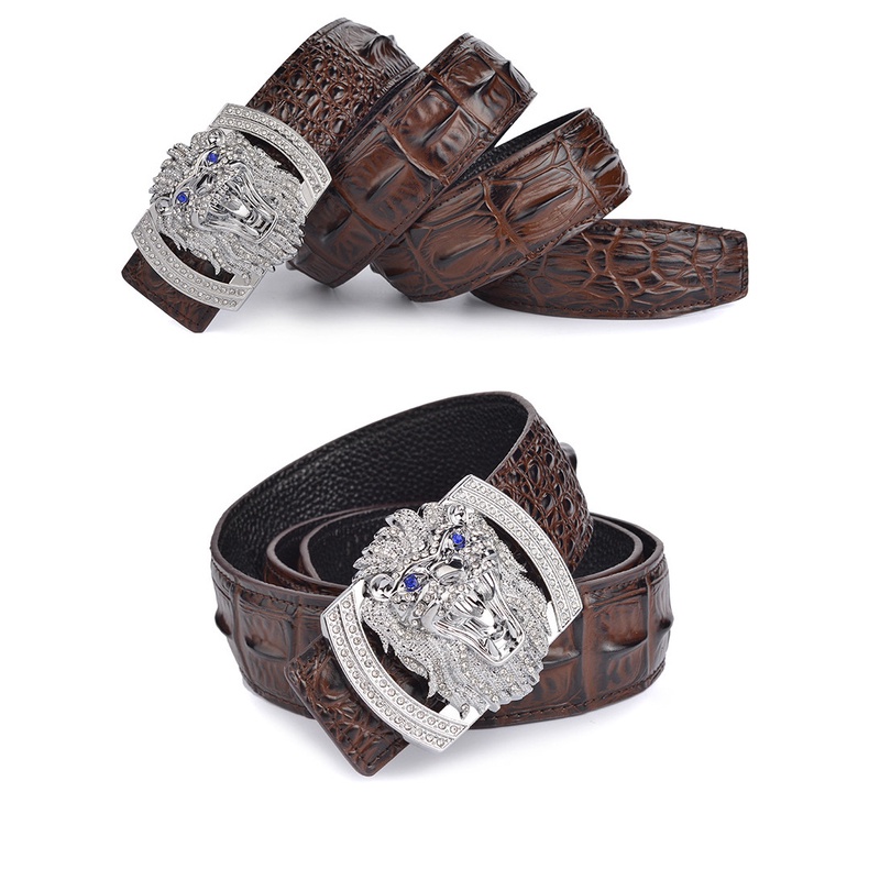 Thắt lưng nam da nâu cá sấu vàng sang trọng khóa sư tử quà tặng bằng da