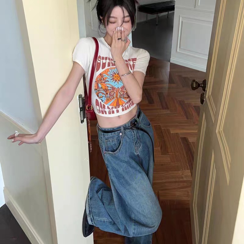 GgFashion Áo Thun Baby Tee Nữ Cổ Tròn Hè Tay Ngắn Phong Cách Retro, Thời Trang Xinh Xắn