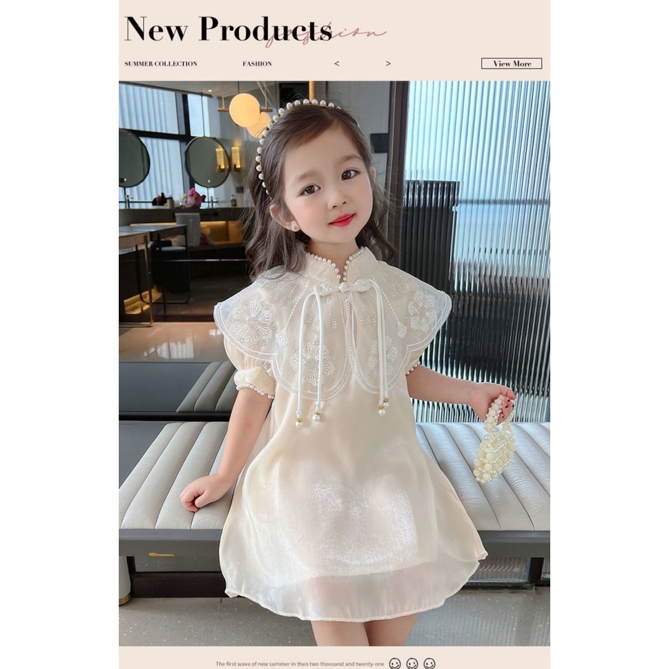 Váy sườn xám kid cực xinh hàng Váy mùa hè cho bé gái 2023 phong cách mùa hè phong cách mới trẻ em phong cách phương tây đám mây vai sườn xám bé ngắn tay-váy công chúa