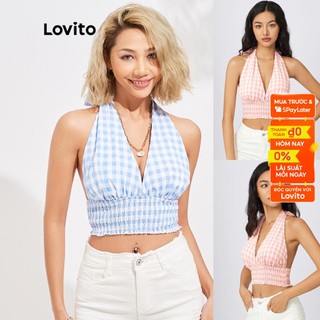 Áo Lovito cổ yếm vải kẻ caro phong cách vintage L16D033 (Màu xanh dương)