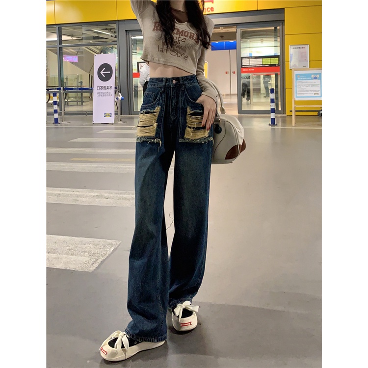 Ethelgirl Quần Jean Dài Lưng Cao Ống Rộng Phối Rách Kiểu Retro Mỹ Cá Tính Cho Nữ