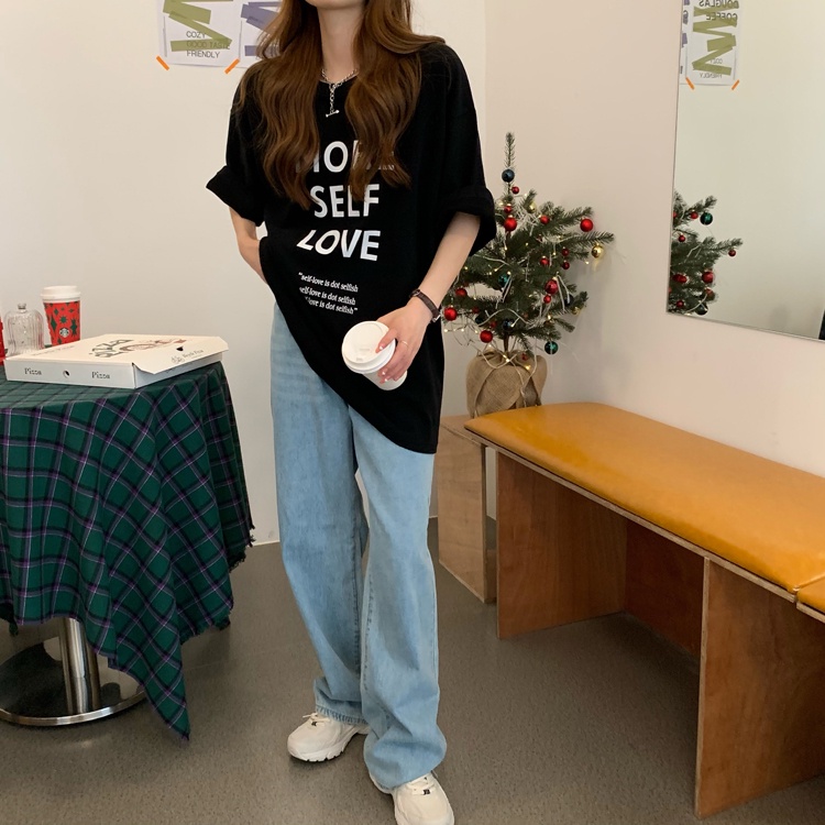 「 WELOVE1 」Áo Thun Cổ Tròn Tay Lỡ Dáng Rộng In Chữ Phong Cách Mỹ Thời Trang Mùa Hè