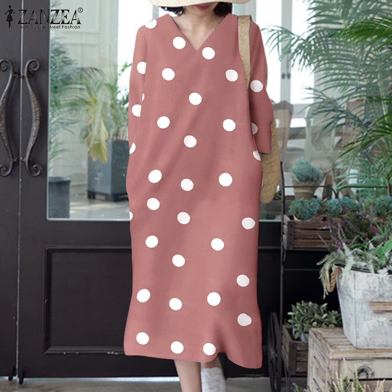 Zanzea Đầm Tay Lửng Cổ Chữ V Họa Tiết Chấm Bi Phong Cách Hàn Quốc Dành Cho Nữ