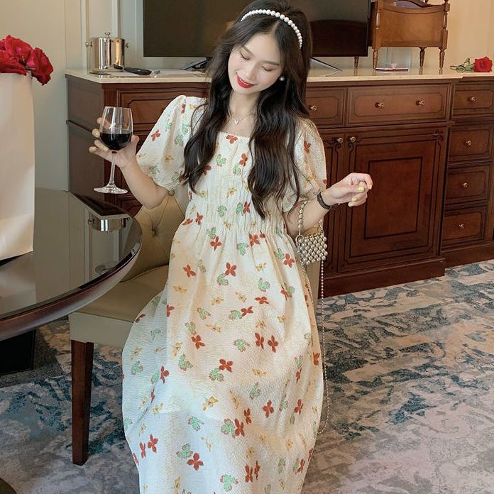 Đầm Cổ Vuông Tay Phồng In Họa Tiết Phong Cách Hàn Quốc Thời Trang Mùa Hè Xinh Xắn Cho Nữ