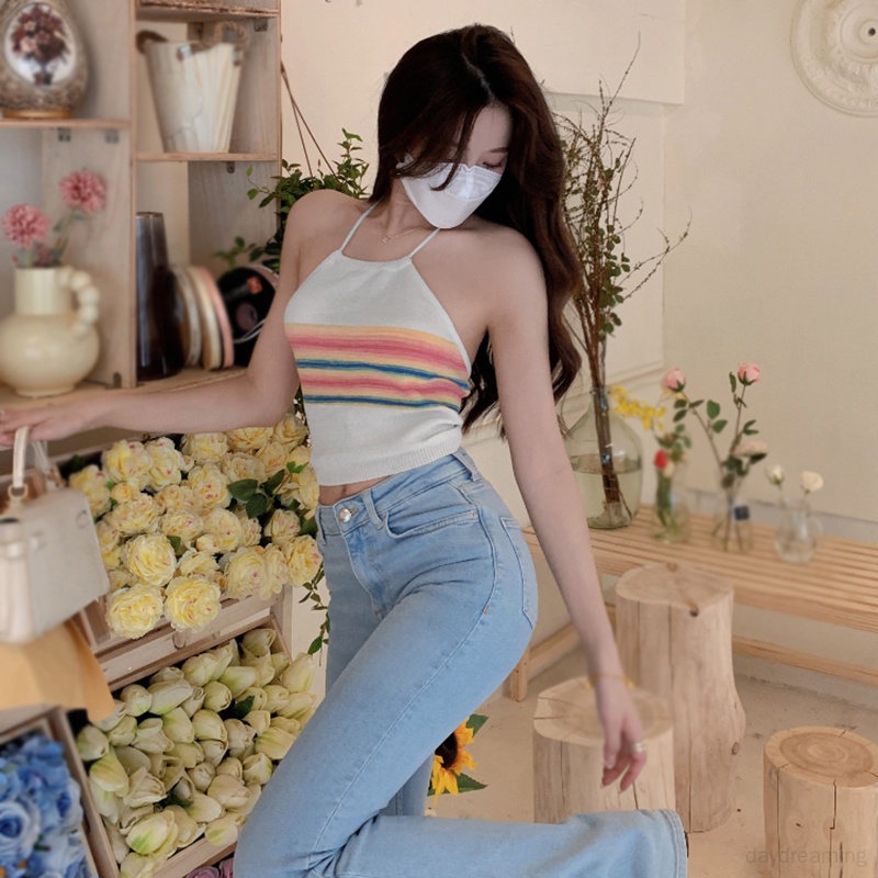 Áo Tank Top Dệt Kim Sát Nách Kẻ Sọc Ngang Màu Tương Phản Kiểu Hàn Quốc Dễ Thương Cho Nữ