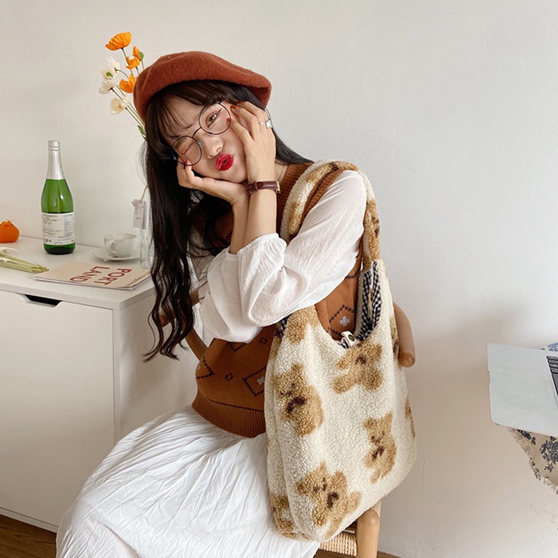 Fancy Túi Tote Đeo Vai Bằng Vải Bông Mềm Mại Sức Chứa Lớn Hình Gấu Dễ Thương Giữ Ấm Cho Nữ